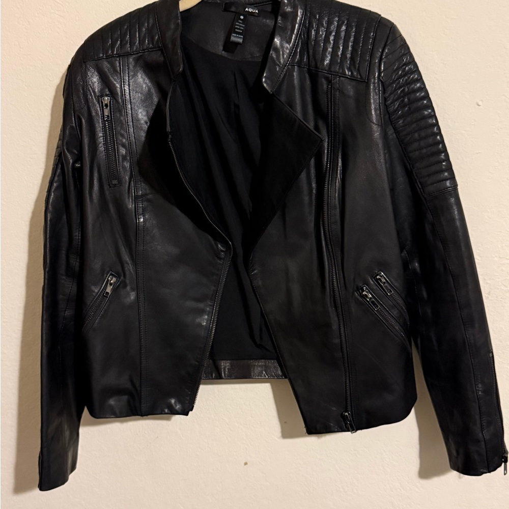 Aqua Black Leather Jacket size S Womens